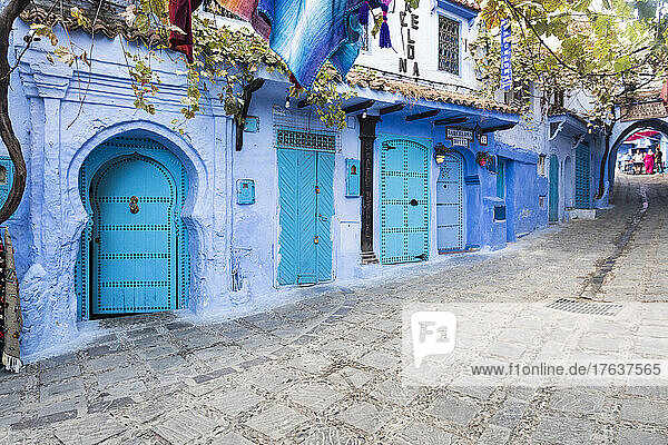 Morocco  Chefchaouen  Cobblestone alley and traditional blue houses