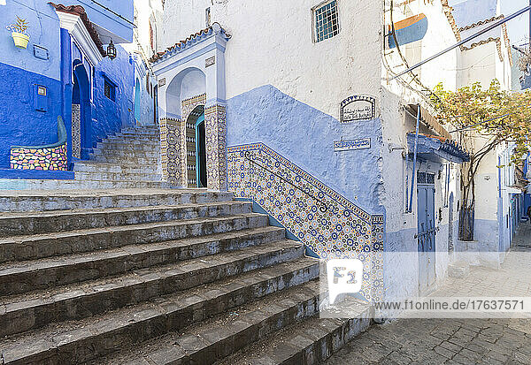 Morocco  Chefchaouen  Steps and traditional blue houses