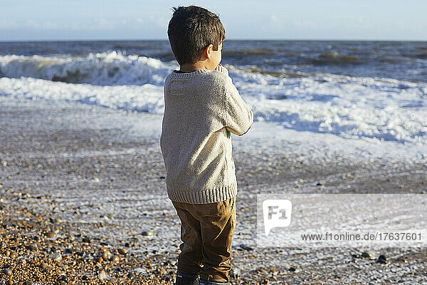UK  Devon  Boy looking at sea waves