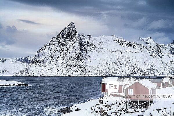 Rorbuer Hütten von Hamnoy am Fjord  hinten verschneite Berge  Hamnøy  Moskenesøya  Lofoten  Norwegen  Europa