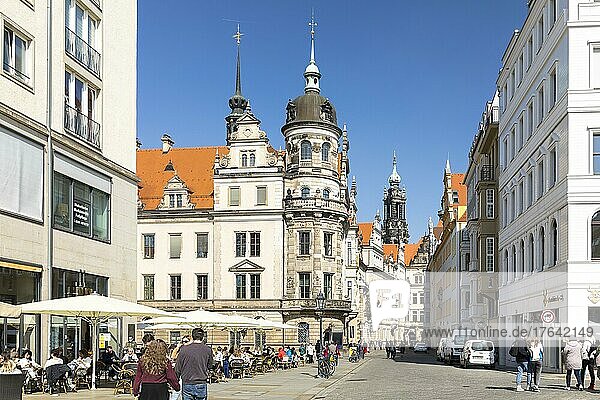 Schlossstraße with castle  tower of the Hofkirche and Georgentor  Old Town of Dresden  Saxony  Germany  Europe