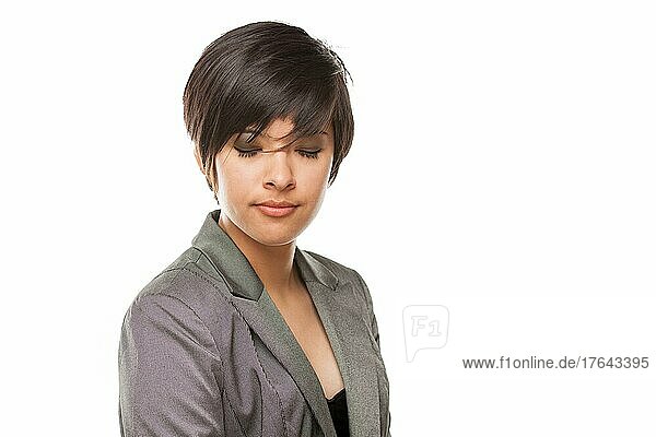 Pretty biracial girl with eyes closed isolated against white background