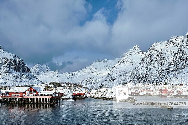 Traditional fishing village A on Lofoten Islands  Norway with red rorbu houses. With snow in winter