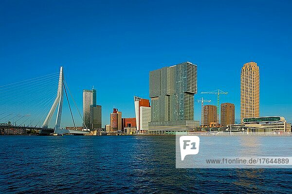 Panorama of Rotterdam skyscrapers skyline and Erasmusbrug bridge view over of Nieuwe Maas river. Rotterdam  the Netherlands
