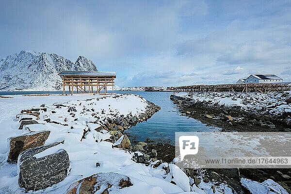 Drying flakes for stockfish cod fish in fjord in winter with snow. Sakrisoy fishing village  Lofoten islands  Norway