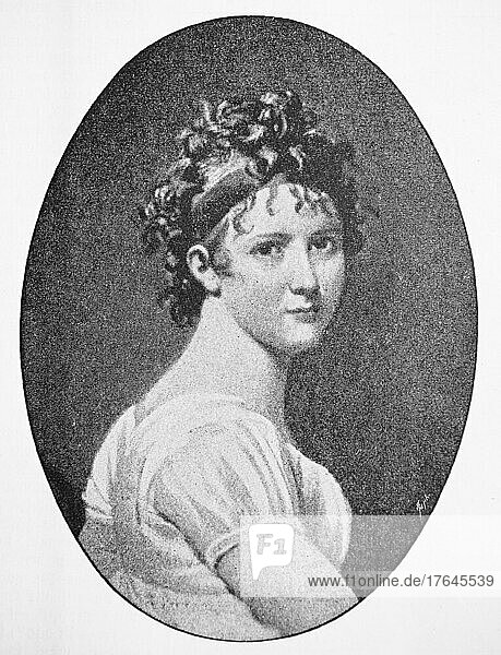 Jeanne Françoise Julie Adélaïde Bernard  genannt Madame Récamie  4. Dezember 1777  11. Mai 1849  französische Salonnière  digital restaurierte Reproduktion einer Originalvorlage aus dem 19. Jahrhundert