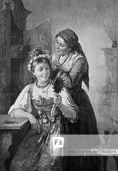 Eine Braut im Dirndl wird für die Hochzeitsfeier geschmückt  Österreich  um 1880  digital restaurierte Reproduktion einer Originalvorlage aus dem 19. Jahrhundert  genaues Originaldatum nicht bekannt  Europa
