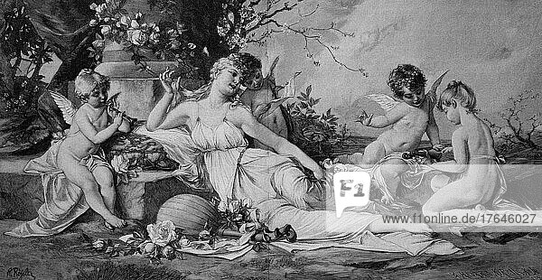 Die Musik  poetisches Gemälde mit Engeln die musizieren  nach einem Gemälde von R. Rößler  digital restaurierte Reproduktion einer Originalvorlage aus dem 19. Jahrhundert