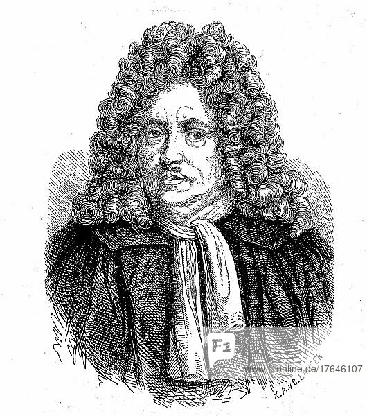 Christian Thomasius  1. Januar 1655  23. September 1728  deutscher Jurist und Philosoph  digital restaurierte Reproduktion einer Originalvorlage aus dem 19. Jahrhundert