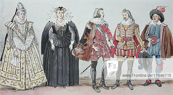 Mode  um 1630-1640  von lks  zweimal Maria Medici  die Gemahl Herichs IV. verschienen Kostümen  dann zwei Adlige zur Zeit Ludwigs XIII. und e Bürger um 1610  digitale verbesserte Reproduktion nach eem Origal aus m Jahr 1900  Kleidung in Frankreich