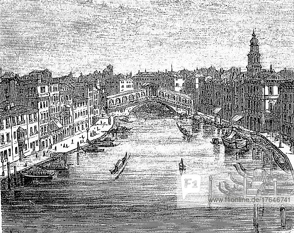 Der Rialto und der Canal Grande  Venedig  Italien  um 1870  digital restaurierte Reproduktion einer Originalvorlage aus dem 19. Jahrhundert  genaues Originaldatum nicht bekannt  Europa