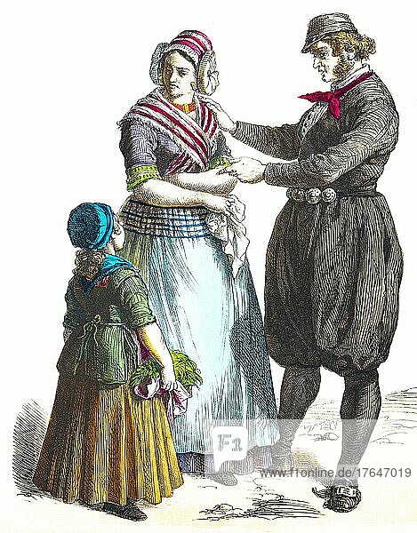 Münchener Bilderbogen  Kostüme  Holland  19. Jahrhundert  Tracht  Mann  Frau  Kind  drei Personen  Porträt  historische Illustration 1890