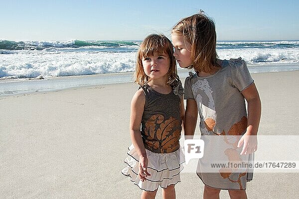 Two baby girls holding hands at the beach  San Diego  California  USA  North America
