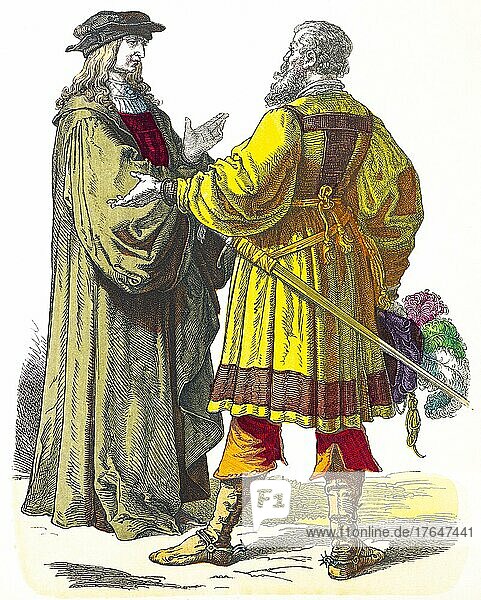 Münchener Bilderbogen  Kostüme  Frühes 16. Jahrhundert  zwei alte Männer  elegant  Robe  zwei Personen  Schwert  Porträt  farbige historische Illustration 1890