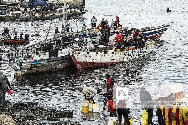 Fischer und Fischhändler am Fischereihafen  Fischerboote  Stone Town  Unguja  Sansibar  Tansania  Afrika