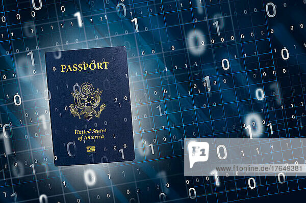 US e-passport with security chip and binary numbers  digital composite