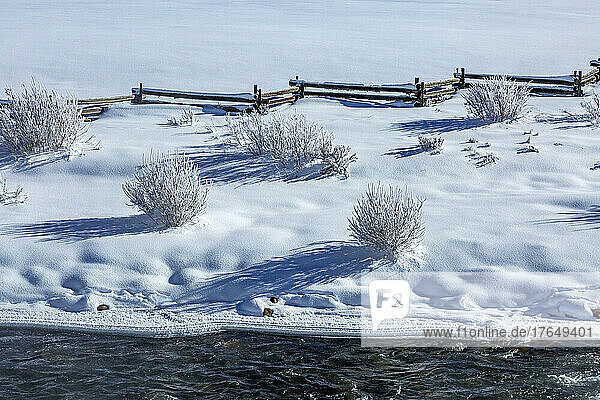 United States  Idaho  Stanley  Snow and fence along Salmon River near Sun Valley on sunny winter day
