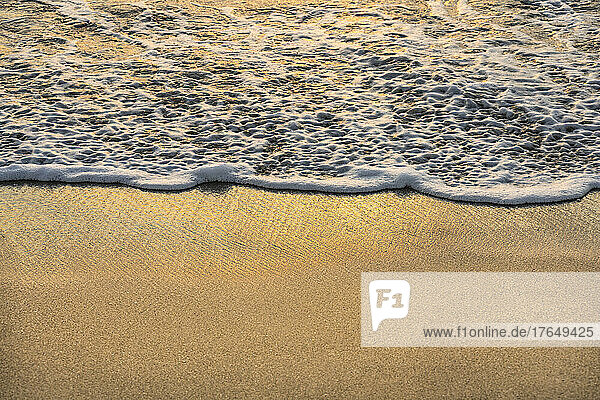 Close-up of ocean wave on sand at sunset