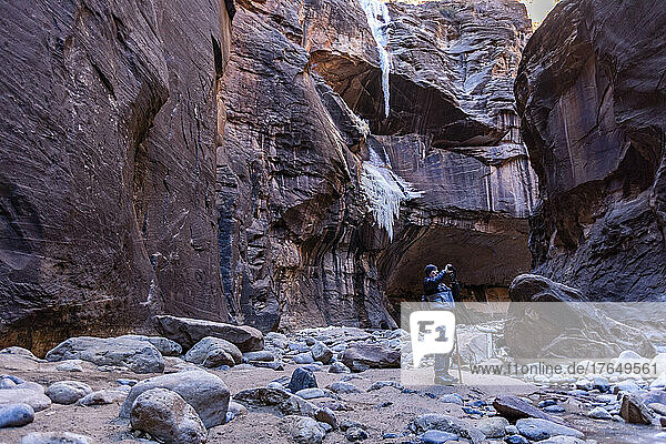 United States  Utah  Zion National Park  Senior hiker photographing rock formations at The Narrows of Virgin River in Zion National Park