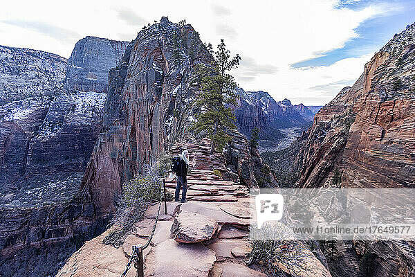 United States  Utah  Zion National Park  Rear view of senior woman hiking on Angels Landing trail in Zion National Park Utah