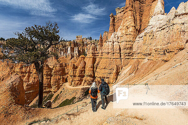 United States  Utah  Bryce Canyon National Park  Senior hiker couple exploring Bryce Canyon National Park