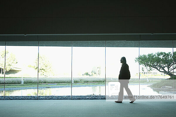 Businessman walking in front of window