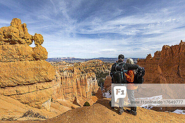 United States  Utah  Bryce Canyon National Park  Senior hiker couple exploring Bryce Canyon National Park