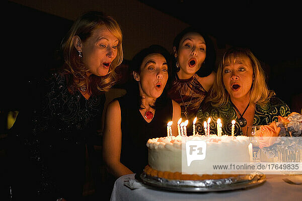 Group of friends celebrating birthday in restaurant