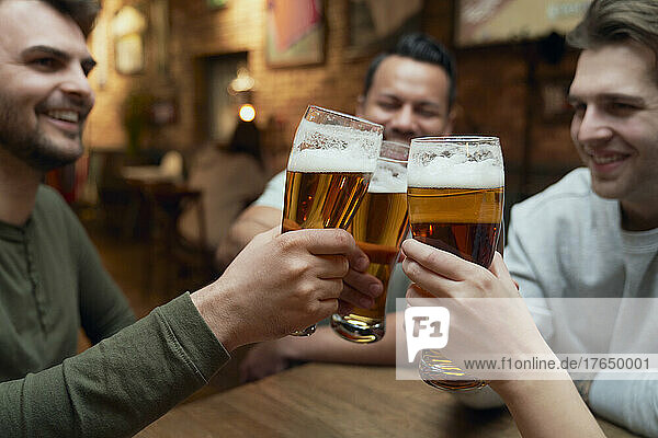 Friends meeting in a pub and clinking beer glasses