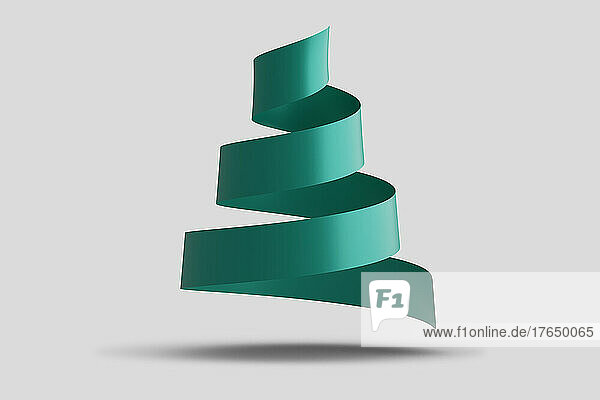 Three dimensional render of green spiral ribbon floating against white background