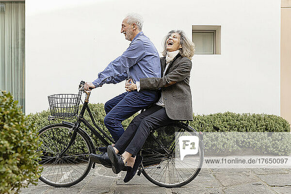Glückliche ältere Frau sitzt mit Mann  der Fahrrad auf Fußweg fährt