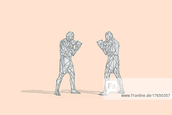 Low poly wireframe of two boxers fighting at studio
