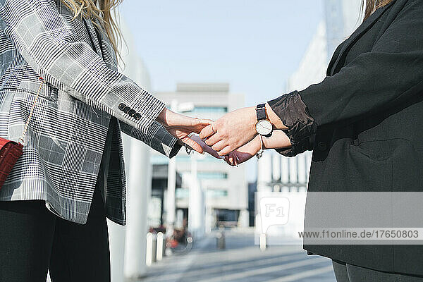Young women holding hands on sunny day