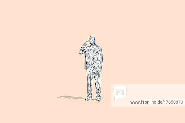 3D rendering of wireframe businessman pointing to head at studio