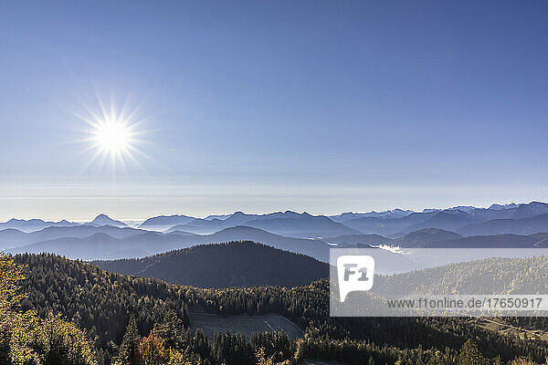 View of Bavarian Prealps at foggy sunrise