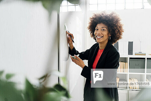 Happy businesswoman with pen standing by whiteboard