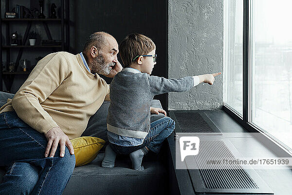 Boy pointing out through window by grandfather sitting on sofa at home