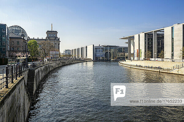Germany  Berlin  River Spree with Marie-Elisabeth-Luders-Haus and Reichstag building in background