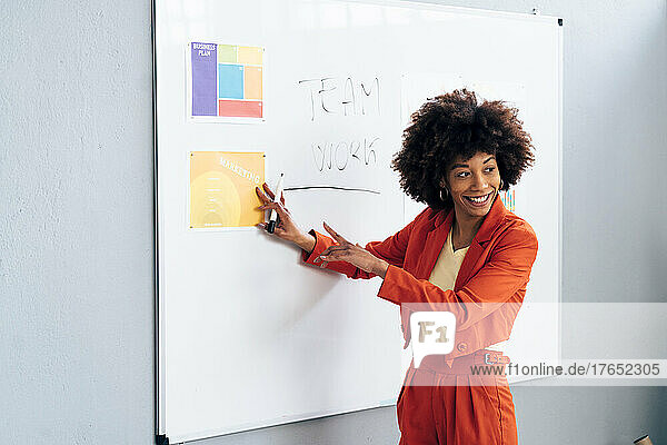 Smiling businesswoman explaining strategy on whiteboard in office