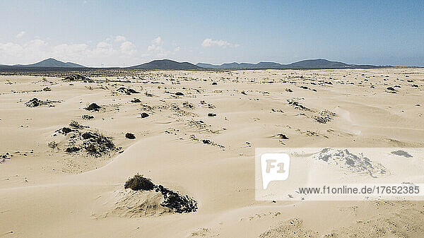 Spain  Fuerteventura Aerial view of sandy landscape of Corralejo Natural Park