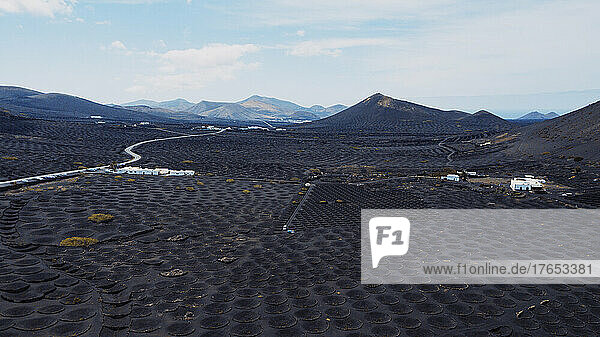 Spanien  Lanzarote  Luftaufnahme der Vulkanlandschaft des Weinbergs Bodega La Geria