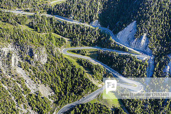 Switzerland  Graubunden Canton  Drone view of Ofen Pass in summer