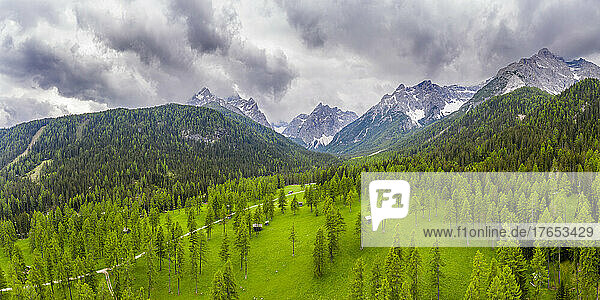 Italy  South Tyrol  Drone panorama of green valley in Sexten Dolomites
