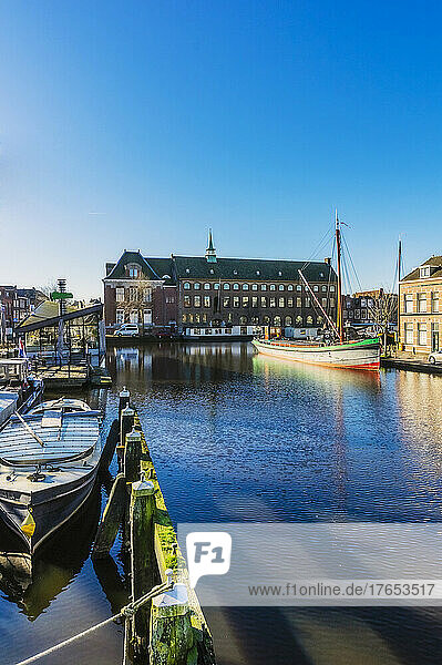 Netherlands  South Holland  Leiden  Boats and ships moored along city canal