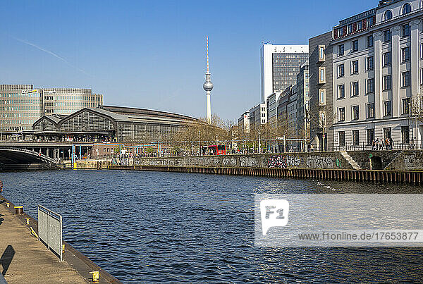 Germany  Berlin  River Spree with Berlin Friedrichstrasse Station and Berlin Television Tower in background