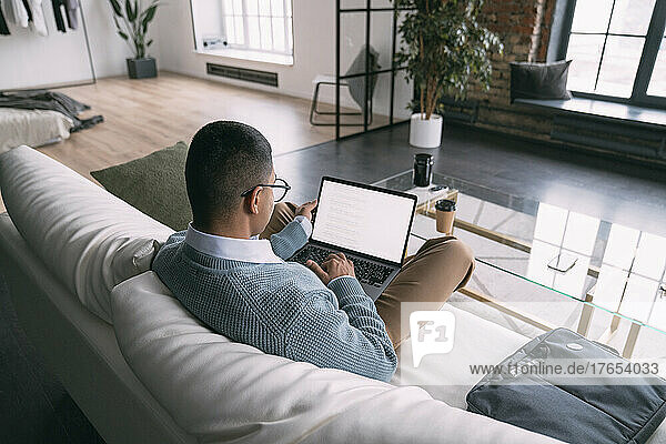 Freelancer using laptop sitting on sofa in living room at home