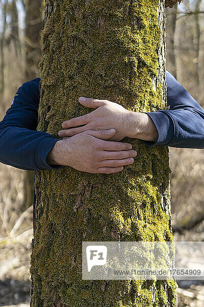 Junger Mann umarmt Baum an sonnigem Tag