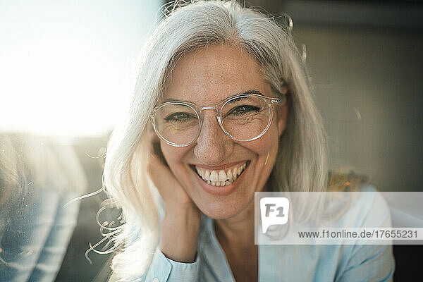 Cheerful businesswoman with gray hair wearing eyeglasses in office
