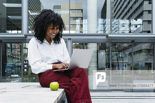 Smiling businesswoman using laptop sitting at office park