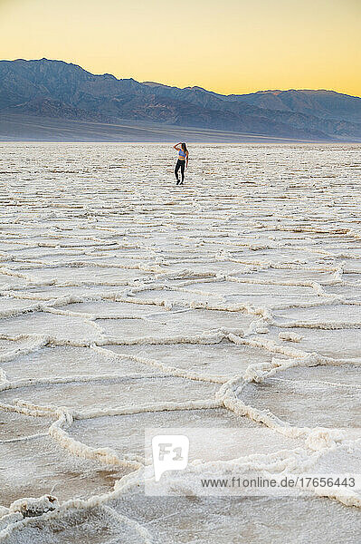 Female posing at Badwater in Death Valley National Park